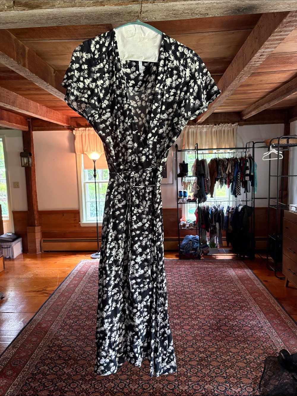 Leith Black and White Floral Midi Wrap Dress